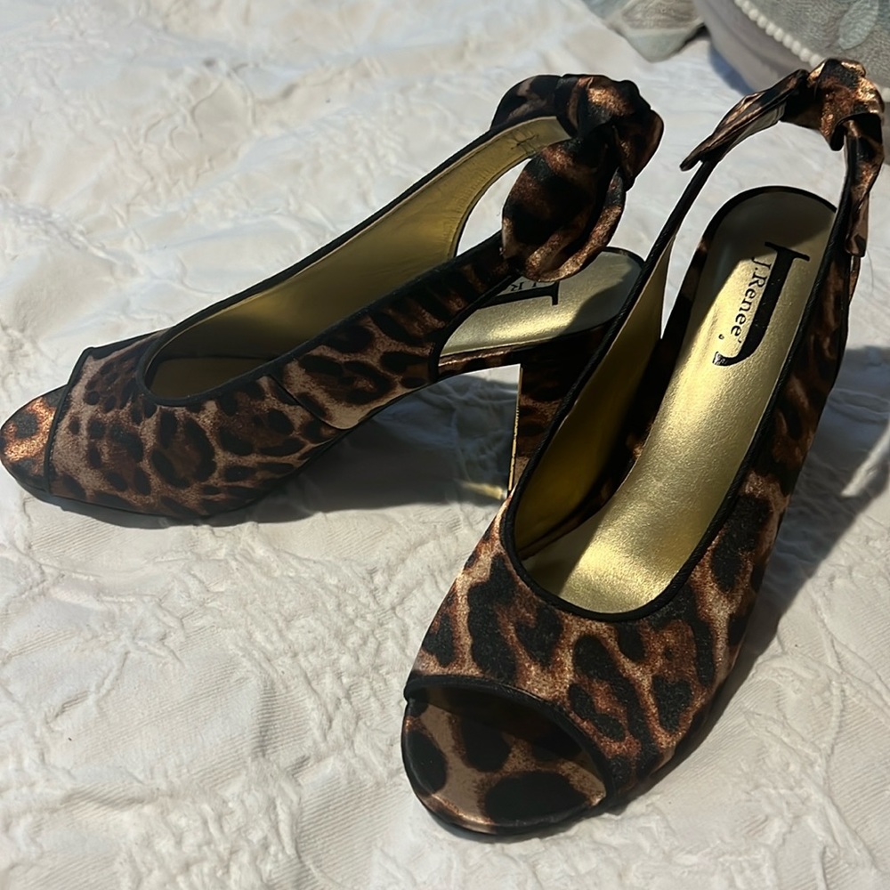 J. Reneé sexy Leopard Sandals Chunky Heel Slingbacks with Bow Accent Size 8